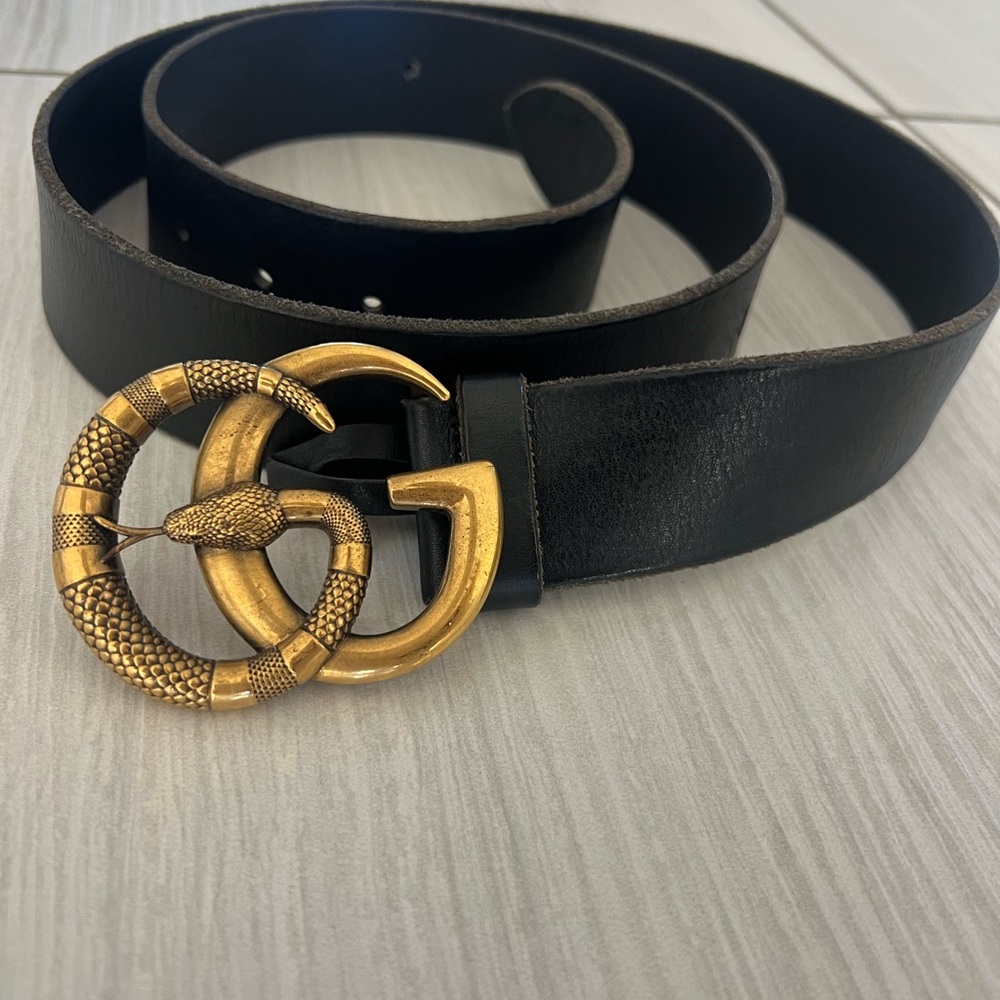 Gucci Black Leather Belt with Gold Snake Double G Buckle